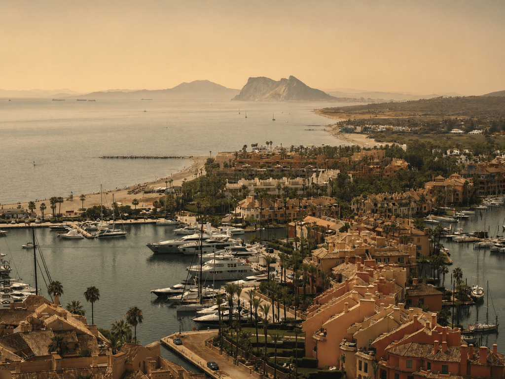 Sotogrande marina with Rock of Gibraltar in the distance.